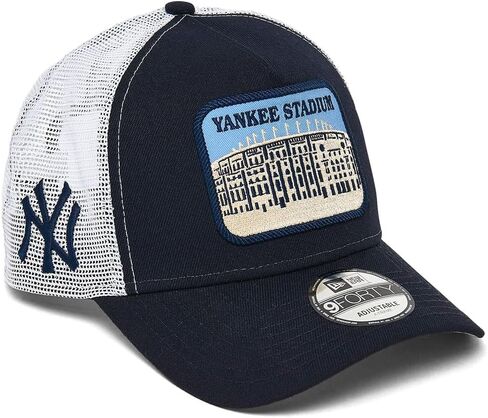 قبعة New Era NY New York Yankees 9FORTY Yankee Stadium Patch Snapback Trucker Cap، قبعة قابلة للتعديل باللون الأزرق الداكن والأبيض in Kuwait