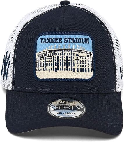 قبعة New Era NY New York Yankees 9FORTY Yankee Stadium Patch Snapback Trucker Cap، قبعة قابلة للتعديل باللون الأزرق الداكن والأبيض in Kuwait