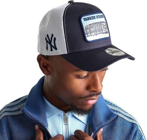 قبعة New Era NY New York Yankees 9FORTY Yankee Stadium Patch Snapback Trucker Cap، قبعة قابلة للتعديل باللون الأزرق الداكن والأبيض in Kuwait