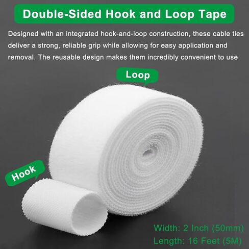 2 in x 16 Ft White Hook and Loop Roll, Double-Sided Self-Gripping Straps for Cable Management, Cut to Length, Reusable Wire Organizer Ties Cord Strips Wrap Fasteners Tape for Home Office Data Center in Kuwait