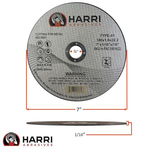 HARRI ABRASIVES - قرص قطع رفيع، عجلة قطع فولاذية يدوية - 7 بوصة × 1/16 بوصة × 7/8 بوصة - T41 - (50 حزمة) in Kuwait