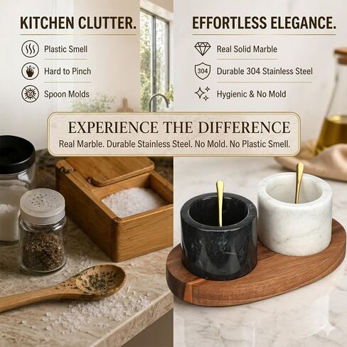 FoldTier 2 قطعة من أوعية الملح والفلفل مع ملاعق على صينية خشبية مجموعة حاويات ملح وفلفل رخامية مع قاعدة للكونترتوب، ديكورات تخزين المطبخ الحديث باللون الأسود والأبيض in Kuwait