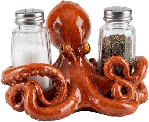 Comfy Hour Octopus Salt and Pepper Shakers Holder Set, 5 Inch Resin Coastal Ocean Figurine with 2 Glass Bottles, Brown Hand-Painted Novelty Kitchen Tabletop Decor in Kuwait