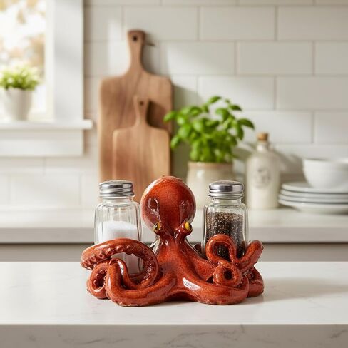 Comfy Hour Octopus Salt and Pepper Shakers Holder Set, 5 Inch Resin Coastal Ocean Figurine with 2 Glass Bottles, Brown Hand-Painted Novelty Kitchen Tabletop Decor in Kuwait