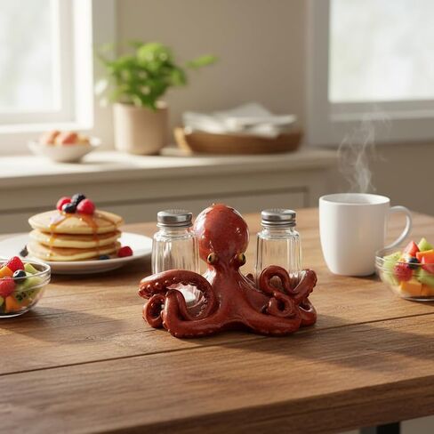Comfy Hour Octopus Salt and Pepper Shakers Holder Set, 5 Inch Resin Coastal Ocean Figurine with 2 Glass Bottles, Brown Hand-Painted Novelty Kitchen Tabletop Decor in Kuwait