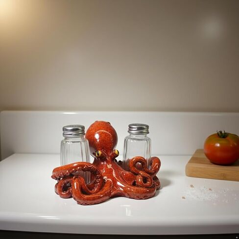 Comfy Hour Octopus Salt and Pepper Shakers Holder Set, 5 Inch Resin Coastal Ocean Figurine with 2 Glass Bottles, Brown Hand-Painted Novelty Kitchen Tabletop Decor in Kuwait