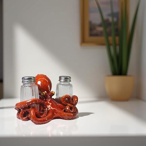 Comfy Hour Octopus Salt and Pepper Shakers Holder Set, 5 Inch Resin Coastal Ocean Figurine with 2 Glass Bottles, Brown Hand-Painted Novelty Kitchen Tabletop Decor in Kuwait