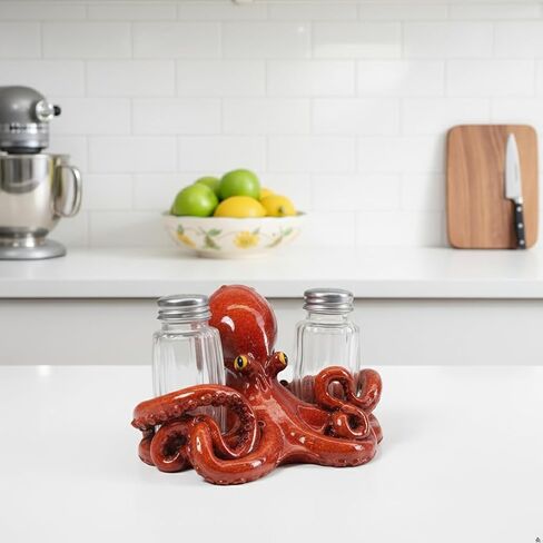 Comfy Hour Octopus Salt and Pepper Shakers Holder Set, 5 Inch Resin Coastal Ocean Figurine with 2 Glass Bottles, Brown Hand-Painted Novelty Kitchen Tabletop Decor in Kuwait