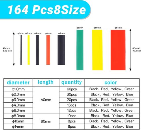 164 Pcs Heat Shrink Tubing Kit, Wire Shrink Wrap Tubing, Grade Industrial Heat-Shrink Tubing, 8 Sizes 5 Colors in Kuwait