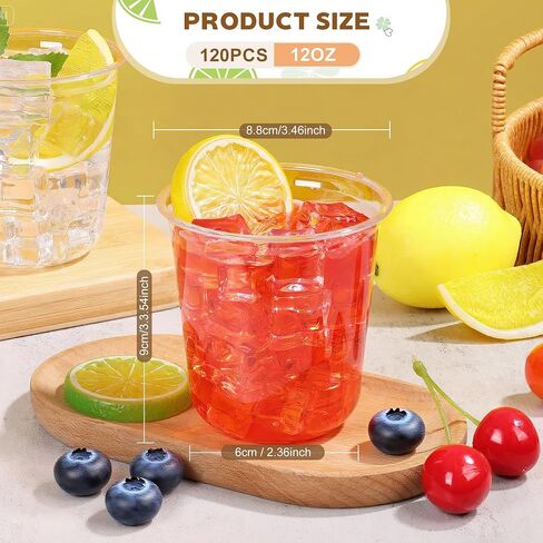tchrules 120 عبوة من أكواب بلاستيكية شفافة سعة 12oz، كؤوس نبيذ بدون جذع للاستعمال مرة واحدة للحفلات، كؤوس كوكتيل بلاستيكية مستديرة القاع، أكواب شرب باردة كريستالية لطيفة لمناسبات نزهة أعياد الميلاد وحفلات الزفاف in Kuwait