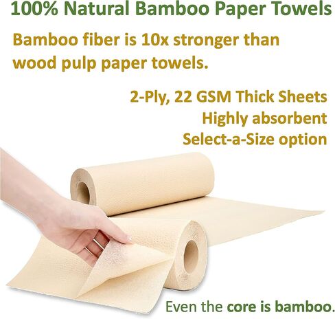 100% Bamboo Paper Towels, Tree-Free, Chemical-Free, Lint-Free, Durable, Absorbent, Select-a-Size 2-Ply, 90 Sheets Per Roll. (PT 6 Rolls) in Kuwait