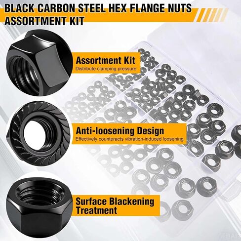 136 Piece Black Hex Flange Nuts Assortment Kit M3 M4 M5 M6 M8 M10 with Storage Case Anti-Vibration Serrated Flange Lock Nuts for Automotive, DIY & Home Repair,Carbon Steel in Kuwait