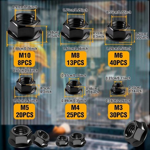 136 Piece Black Hex Flange Nuts Assortment Kit M3 M4 M5 M6 M8 M10 with Storage Case Anti-Vibration Serrated Flange Lock Nuts for Automotive, DIY & Home Repair,Carbon Steel in Kuwait