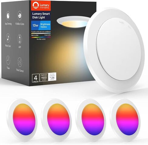 مصابيح سقف Lumary ذكية 13 وات 5/6 بوصة، ضوء قرص RGBWW WiFi LED، تغيير اللون 2700-6500K إضاءة غائرة قابلة للتعتيم، تركيب على السطح، متوافق مع Alexa/Google Assistant-4Pack in Kuwait