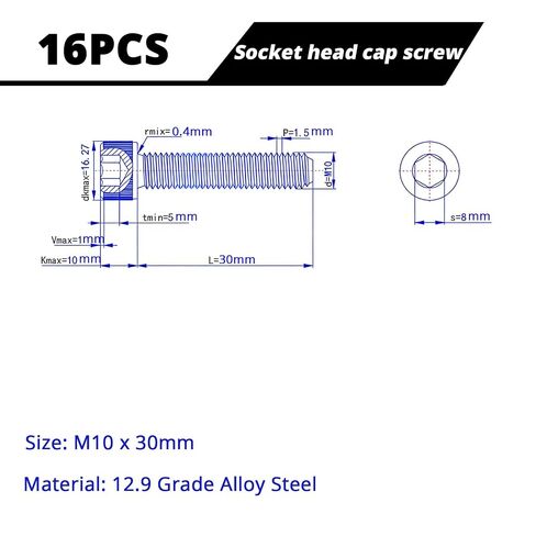 M10-1.5 x 30mm Socket Head Cap Screws Cap Bolts, 12.9 Grade Alloy Steel Black Oxide, Allen Socket Drive, Machine Full Thread, 16 PCS (16mm-80mm Available) in Kuwait