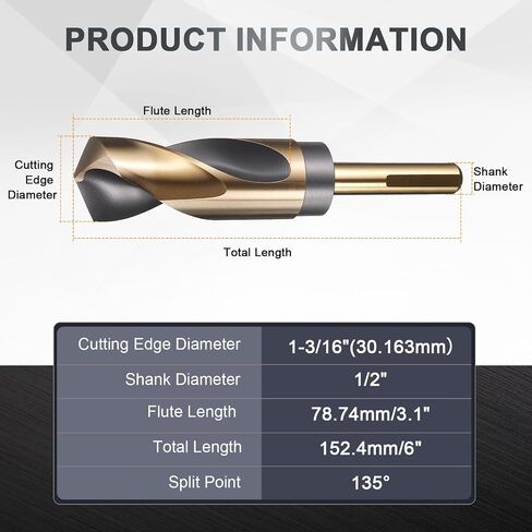 uxcell 1-3/16" مثقاب 1/2" ساق مخفض 3-Flat M35 5% كوبالت فولاذ عالي السرعة ملتوي باللونين الأسود والذهبي 135 درجة لقم معدنية صلبة من الفولاذ المقاوم للصدأ، قطعة واحدة in Kuwait