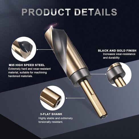 uxcell 1-3/16" مثقاب 1/2" ساق مخفض 3-Flat M35 5% كوبالت فولاذ عالي السرعة ملتوي باللونين الأسود والذهبي 135 درجة لقم معدنية صلبة من الفولاذ المقاوم للصدأ، قطعة واحدة in Kuwait