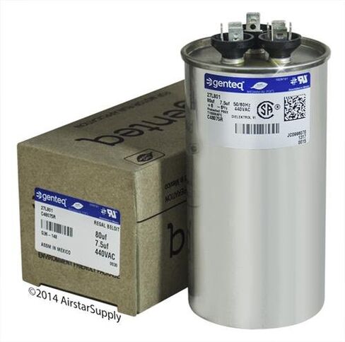 Lennox PartsPlus® - 80 + 7.5 فائق التوهج MFD x 440 VAC Genteq استبدال مكثف مزدوج مستدير # C48075R / 27L801 in Kuwait