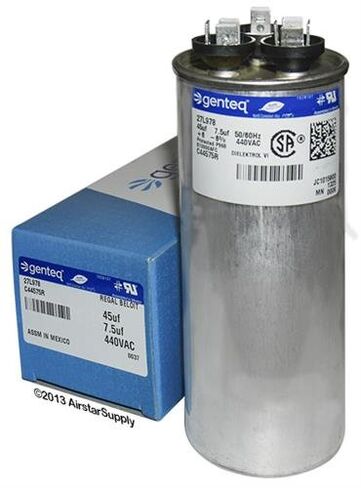 Jard 12789 - 45 + 7.5 فائق التوهج MFD x 440 VAC Genteq استبدال مكثف مزدوج مستدير # C44575R / 27L978 in Kuwait