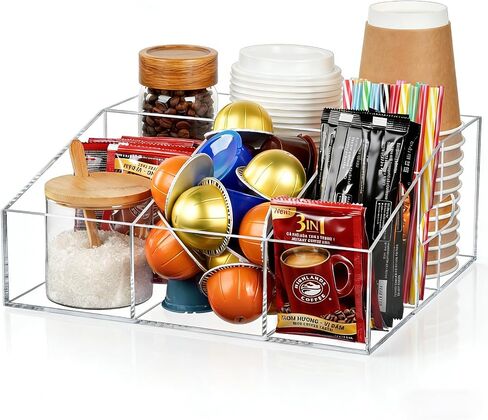 Acrylic Coffee Bar Organizer for Countertop, Cups Lids Sleeves Pods Syrups and Coffee Bar Accessories Storage Organizer Condiment Holder for Office Breakroom, Clear in Kuwait