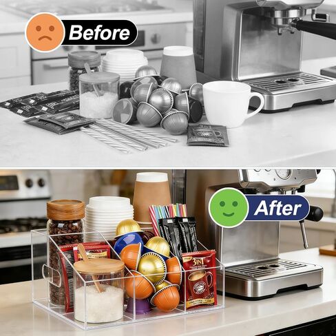 Acrylic Coffee Bar Organizer for Countertop, Cups Lids Sleeves Pods Syrups and Coffee Bar Accessories Storage Organizer Condiment Holder for Office Breakroom, Clear in Kuwait
