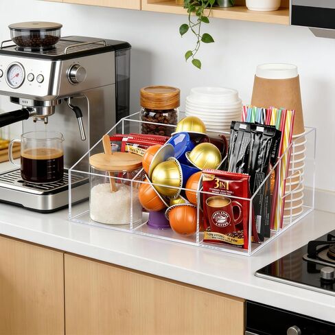 Acrylic Coffee Bar Organizer for Countertop, Cups Lids Sleeves Pods Syrups and Coffee Bar Accessories Storage Organizer Condiment Holder for Office Breakroom, Clear in Kuwait