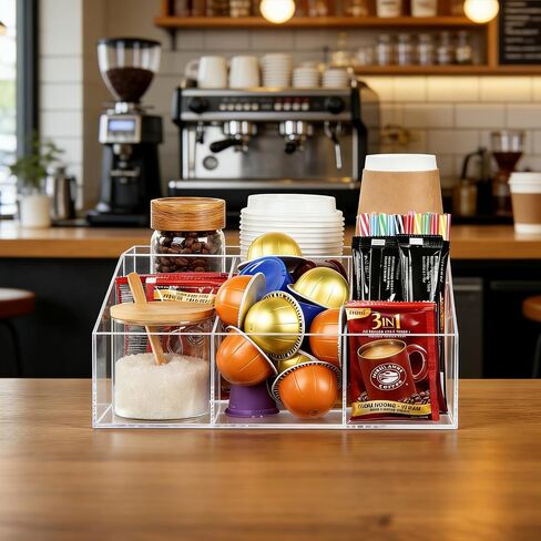 Acrylic Coffee Bar Organizer for Countertop, Cups Lids Sleeves Pods Syrups and Coffee Bar Accessories Storage Organizer Condiment Holder for Office Breakroom, Clear in Kuwait