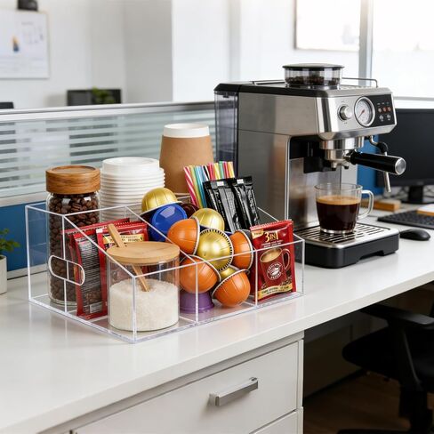 Acrylic Coffee Bar Organizer for Countertop, Cups Lids Sleeves Pods Syrups and Coffee Bar Accessories Storage Organizer Condiment Holder for Office Breakroom, Clear in Kuwait