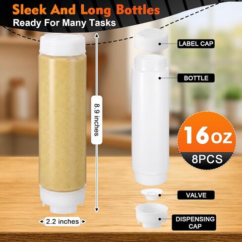8-Pack Condiment Squeeze Bottles 16 oz – Dual-Head Inverted Leak-Proof Design, Self-Closing Valve, Easy-Fill Clear Squeeze Bottles for Sauces, Dressings, Ketchup, Mustard, Syrup, White in Kuwait