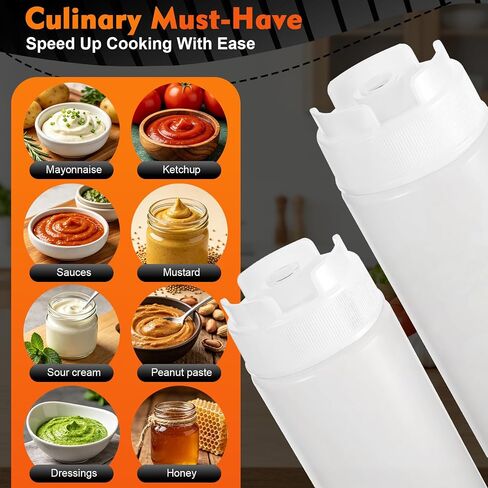 8-Pack Condiment Squeeze Bottles 16 oz – Dual-Head Inverted Leak-Proof Design, Self-Closing Valve, Easy-Fill Clear Squeeze Bottles for Sauces, Dressings, Ketchup, Mustard, Syrup, White in Kuwait