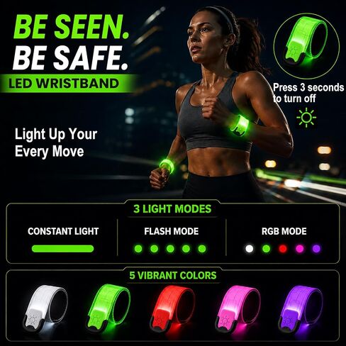 عصابات ذراع LED قابلة لإعادة الشحن، قطعتان، معدات جري عالية الوضوح | أساور معصم مضيئة بـ 5 ألوان و3 أوضاع للسلامة الليلية، هدية جري قابلة للتعديل للرجال والنساء والعائلة بأكملها in Kuwait