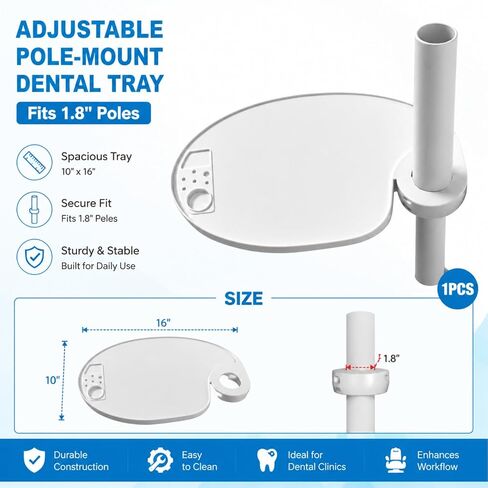 Adjustable Dental Tray Table for Chair with Pole Mount Tool Shelf | Curved Oval Tray, Thickened Hard Plastic, Strong Load Capacity, Height & Angle Control, Easy Install in Kuwait
