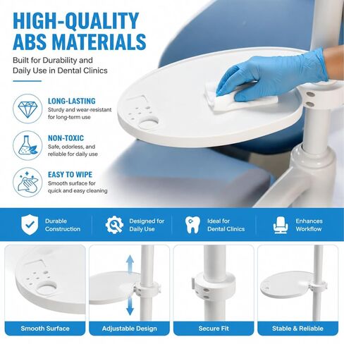 Adjustable Dental Tray Table for Chair with Pole Mount Tool Shelf | Curved Oval Tray, Thickened Hard Plastic, Strong Load Capacity, Height & Angle Control, Easy Install in Kuwait