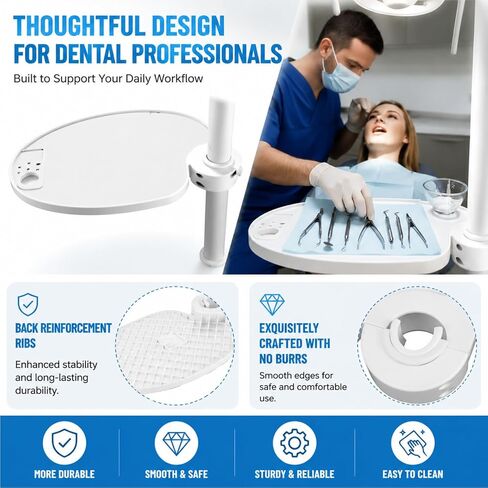 Adjustable Dental Tray Table for Chair with Pole Mount Tool Shelf | Curved Oval Tray, Thickened Hard Plastic, Strong Load Capacity, Height & Angle Control, Easy Install in Kuwait