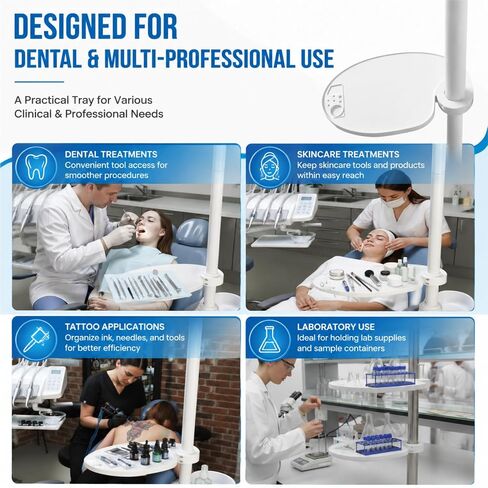 Adjustable Dental Tray Table for Chair with Pole Mount Tool Shelf | Curved Oval Tray, Thickened Hard Plastic, Strong Load Capacity, Height & Angle Control, Easy Install in Kuwait