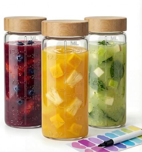 زجاجات عصير زجاجية مستديرة سعة 16oz من HomArtist مع أغطية، 3 عبوات عصير قابلة لإعادة الاستخدام مع أغطية من الخيزران، برطمانات عصير زجاجية لشرب الشاي، كومبوتشا، عصير، حليب in Kuwait