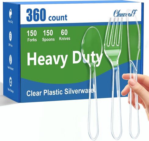 Clawsoff 360 Count Plastic Clear Silverware Set, Disposable Heavy Duty Utensils Set, 150 Forks, 150 Spoons, 60 Knives, BPA-Free, Heat Resistant for Weddings, Parties, Events in Kuwait