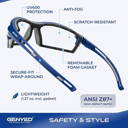 GENYED Safety Glasses ANSI Z87+ with Removable Foam Gasket, Clear Lens, Anti-Fog, Scratch-Resistant, UV400 Wraparound Protective Eyewear for Work, Construction & DIY in Kuwait