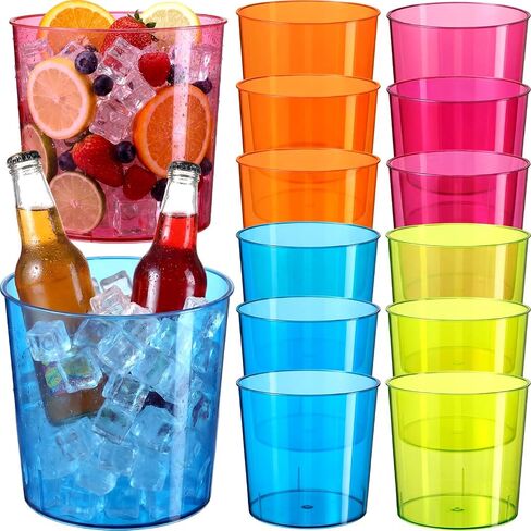 FillTouch 12 Pcs Clear Plastic Ice Buckets 6L Reusable Champagne Wine Cooler Buckets for Wedding Party Bar BBQ, Bulk Beverage Tubs for Drinks, Beer, Soda, Flowers and Candy (Colorful) in Kuwait
