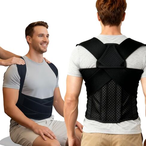 Back Posture Corrector Brace for Men, Back-Anchored Shoulder Support, 3.1-Inch Wide Straps, Adjustable Upper Back Straightener & Lower Spine Support to Help Reduce Slouching, Wear Under Clothes in Kuwait
