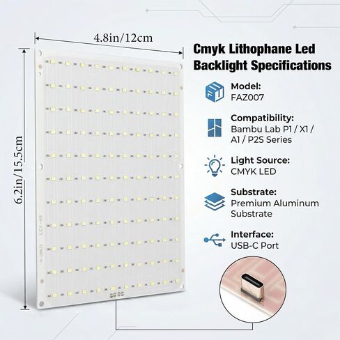 10 قطع من لوحة الإضاءة الخلفية LED CMYK Lithophane لسلسلة Bambulab P1/X1/A1/P2s Series 3D Printertype-C PCB لمشاريع الطباعة ثلاثية الأبعاد Bambulab Sunlu DIY 6.14 × 4.72 بوصة in Kuwait