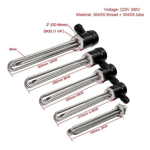 DN32 1 1/4 "BSPT Thread 3/4.5/6/9/12KW 3U عنصر تسخين سخان غاطس كهربائي أنبوبي مع مسبار ومسمار أرضي (380 فولت، 4.5 كيلو وات 210 مم) in Kuwait