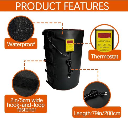 Insulated Full Coverage 55-Gallon Drum Heating Blanket with Thermostat 0-200℃/32-392 °F Bucket Heater Industrial Barrel Warmer Plastic/Iron Barrels Gas Storage Tanks,Black,36×84 in/91.4×213.4cm in Kuwait