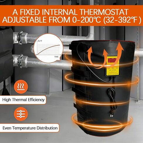 Insulated Full Coverage 55-Gallon Drum Heating Blanket with Thermostat 0-200℃/32-392 °F Bucket Heater Industrial Barrel Warmer Plastic/Iron Barrels Gas Storage Tanks,Black,36×84 in/91.4×213.4cm in Kuwait