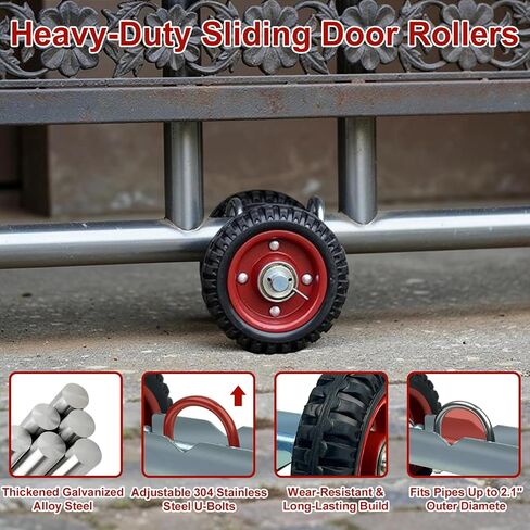 Rolling Gate Wheels, 600lb Capacity 6-Inch Double Wheel for Gate with 304 Stainless Steel Adjustable U-Bolts, Sliding Gate Carrier for Metal Tube Gates Driveway Chain Link Fence or Wooden Gate, 1 Pack in Kuwait