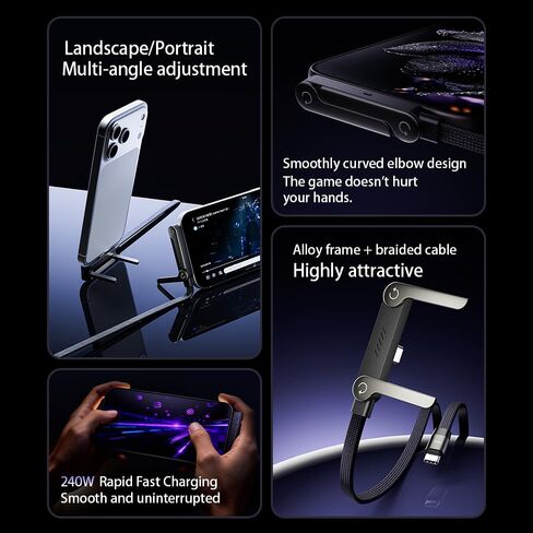 كابل USB C بقوة 240 واط مع حامل قابل للطي، 4.9 قدم، 90 درجة، أسود | كابل USB-C بقوة 240 واط مع حامل مدمج قابل للطي للشحن والألعاب بدون استخدام اليدين in Kuwait
