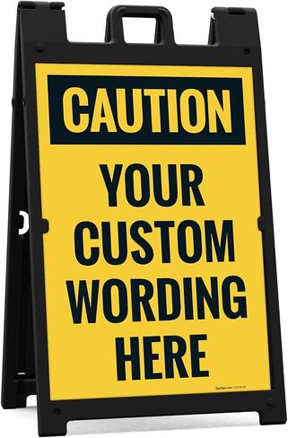 Custom Caution Folding Floor Sign, A frame/Sandwich Board Kit withTwo Panel Sign, 10x16 Inches, witha Frame Stand, Made in USA in Kuwait