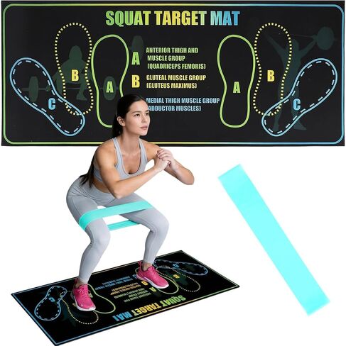 Squat Mat with Foot Position 13.8×31.5in — Non-Slip + Resistance Band | 80×35cm Mat + Resistance Band Included.Suits Hardwood,Carpet,Tile. A/B/C Foot Position Guides for Squats,Lunges&Core Training in Kuwait