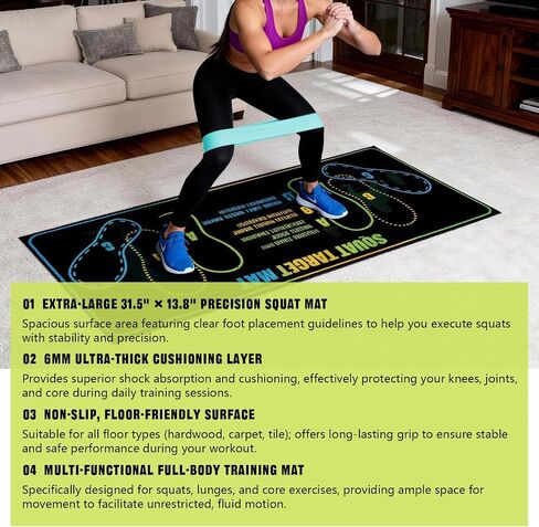 Squat Mat with Foot Position 13.8×31.5in — Non-Slip + Resistance Band | 80×35cm Mat + Resistance Band Included.Suits Hardwood,Carpet,Tile. A/B/C Foot Position Guides for Squats,Lunges&Core Training in Kuwait