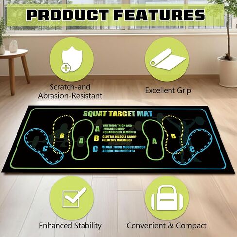 Squat Mat with Foot Position 13.8×31.5in — Non-Slip + Resistance Band | 80×35cm Mat + Resistance Band Included.Suits Hardwood,Carpet,Tile. A/B/C Foot Position Guides for Squats,Lunges&Core Training in Kuwait